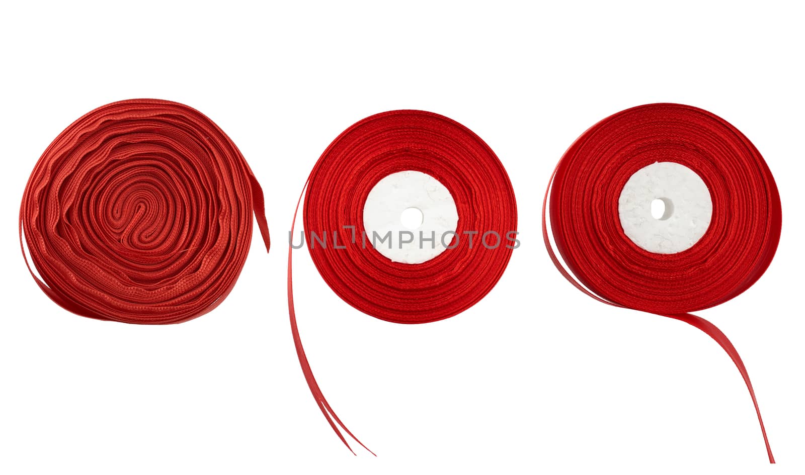 three coils with silk red ribbon isolated on white background, elements for designer