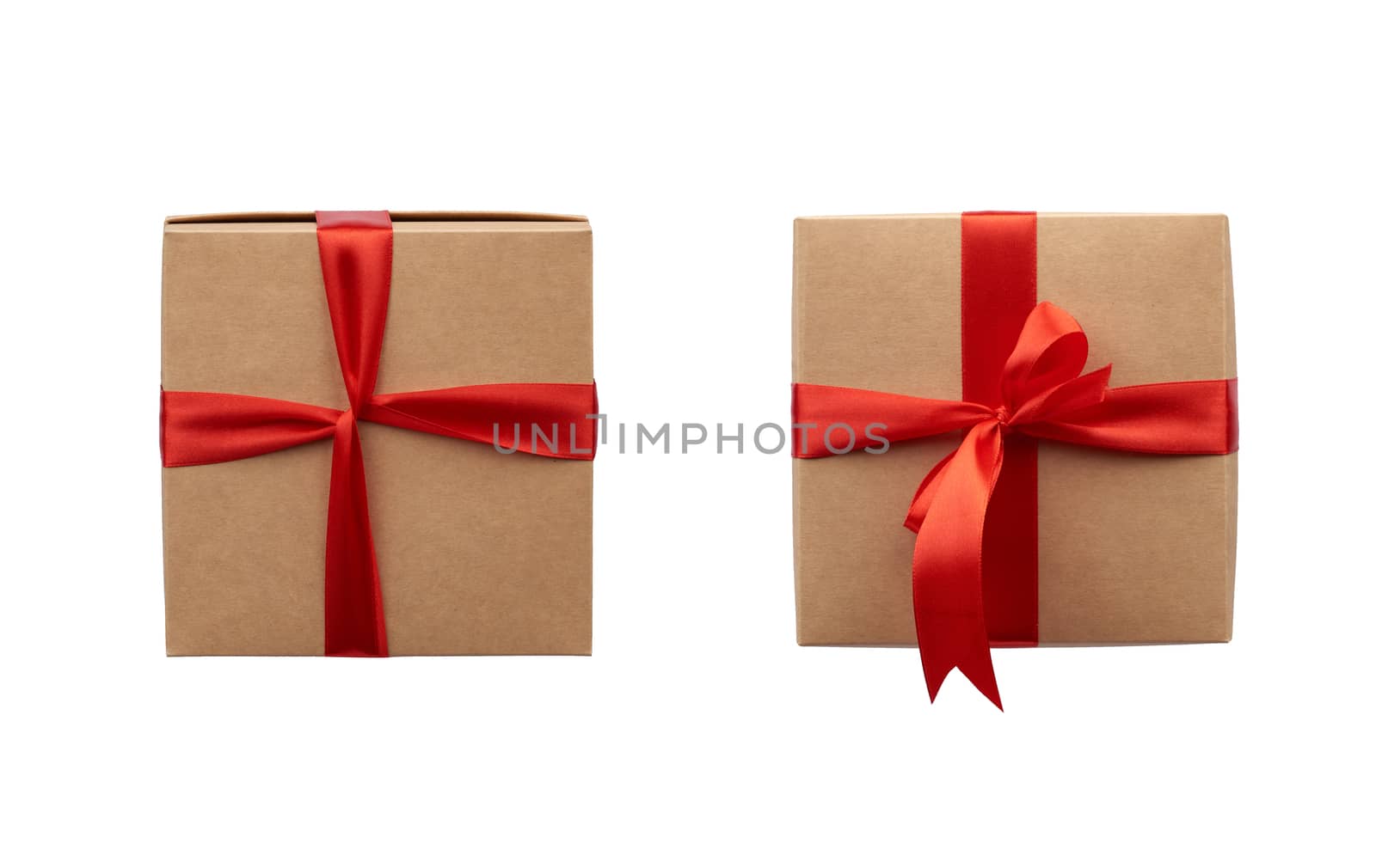 square box wrapped in brown kraft paper and tied with a silk red ribbon, box bottom and top view