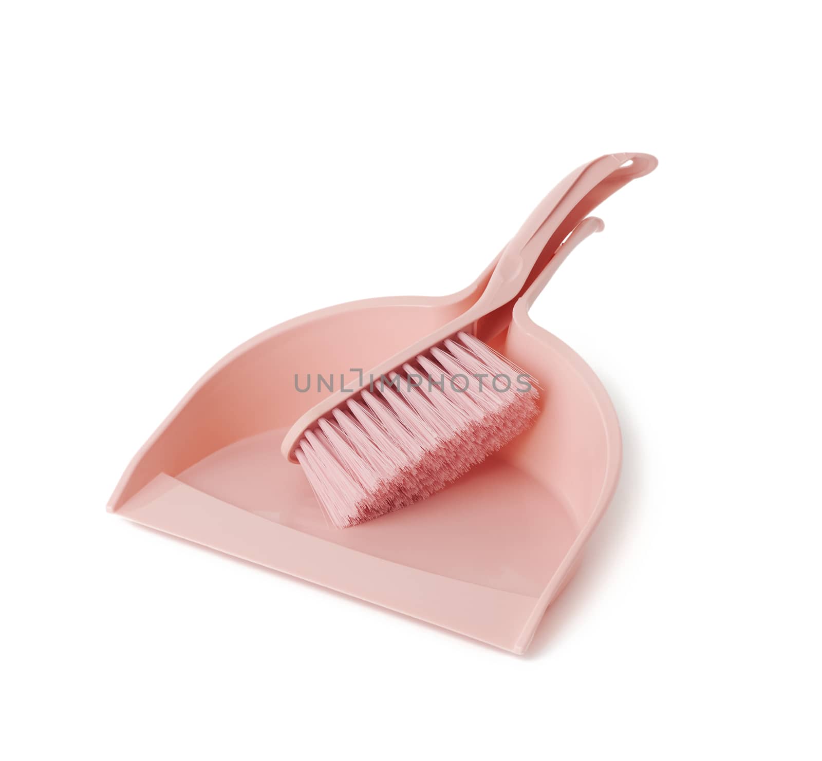 pink plastic scoop and cleaning brush isolated on white background
