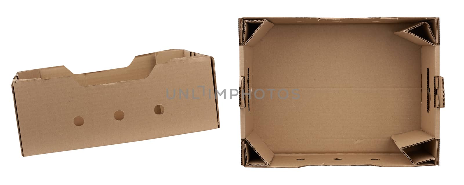 rectangular empty cardboard box of brown paper on a white background, box without a lid for vegetables and fruits in with holes