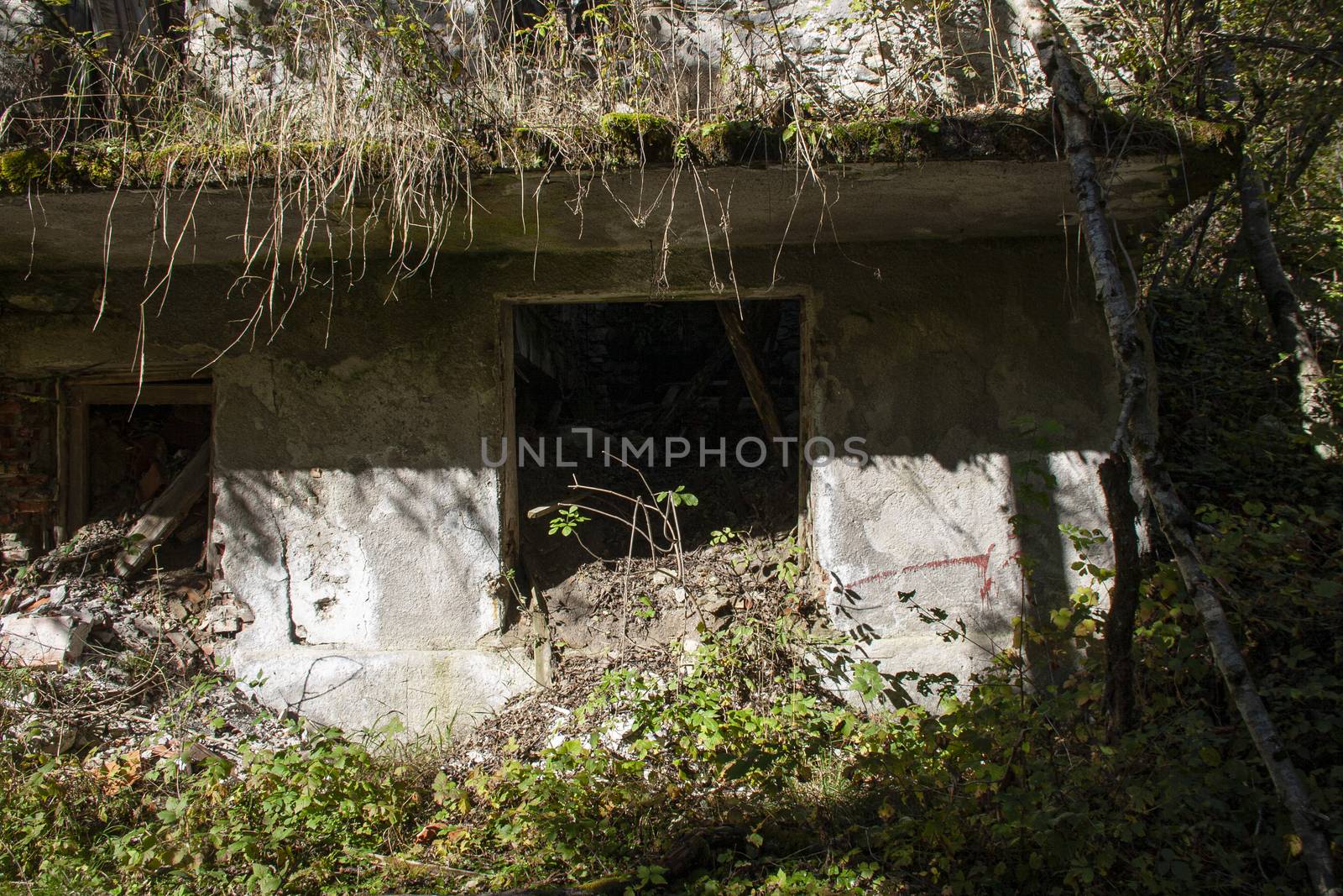 Ruin abandoned on the dolomites, an old abandone building from exterior