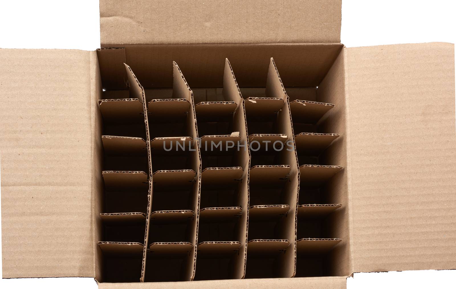 open empty cardboard box with partitions for transporting broken items of bottles and cans isolated on a white background