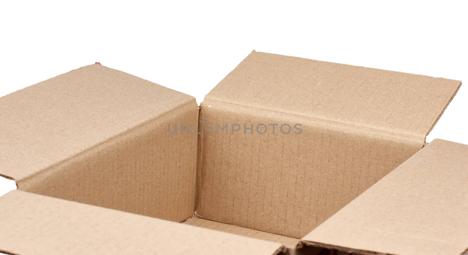 open empty brown square cardboard box for transporting goods isolated on white background