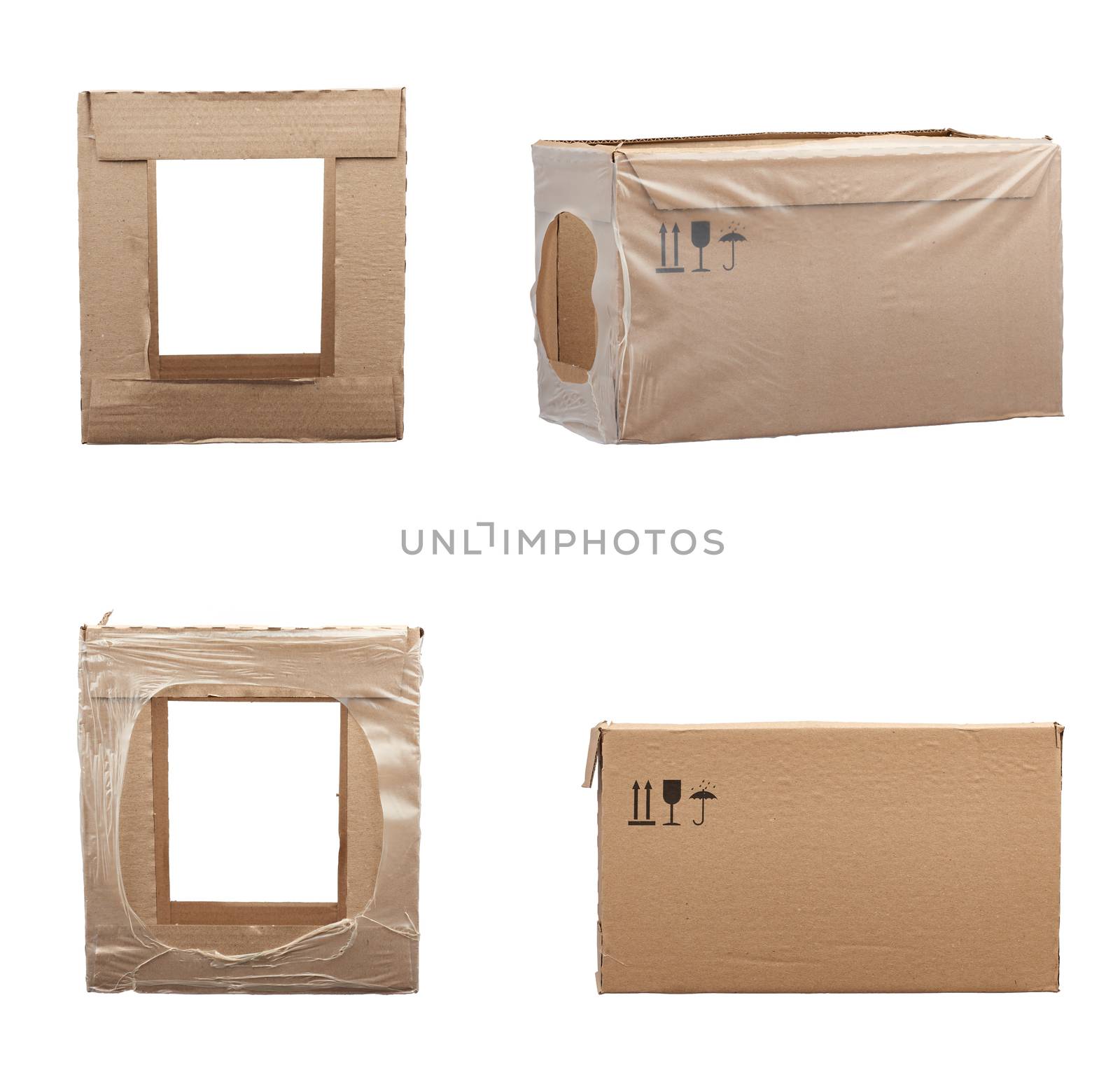 set of rectangular boxes made of brown cardboard isolated on a white background, box for transporting bottles, side view and from different angles