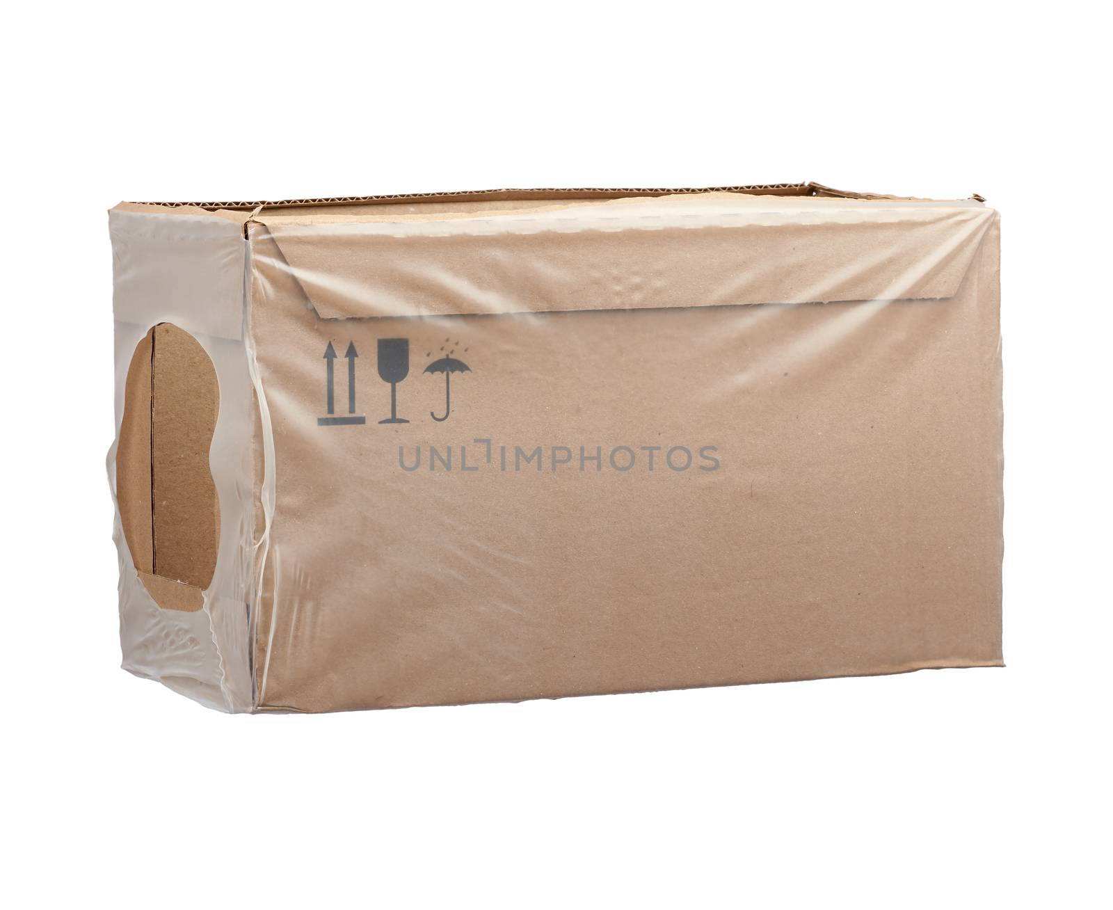rectangular box wrapped in transparent polyethylene, box for transporting bottles, side view
