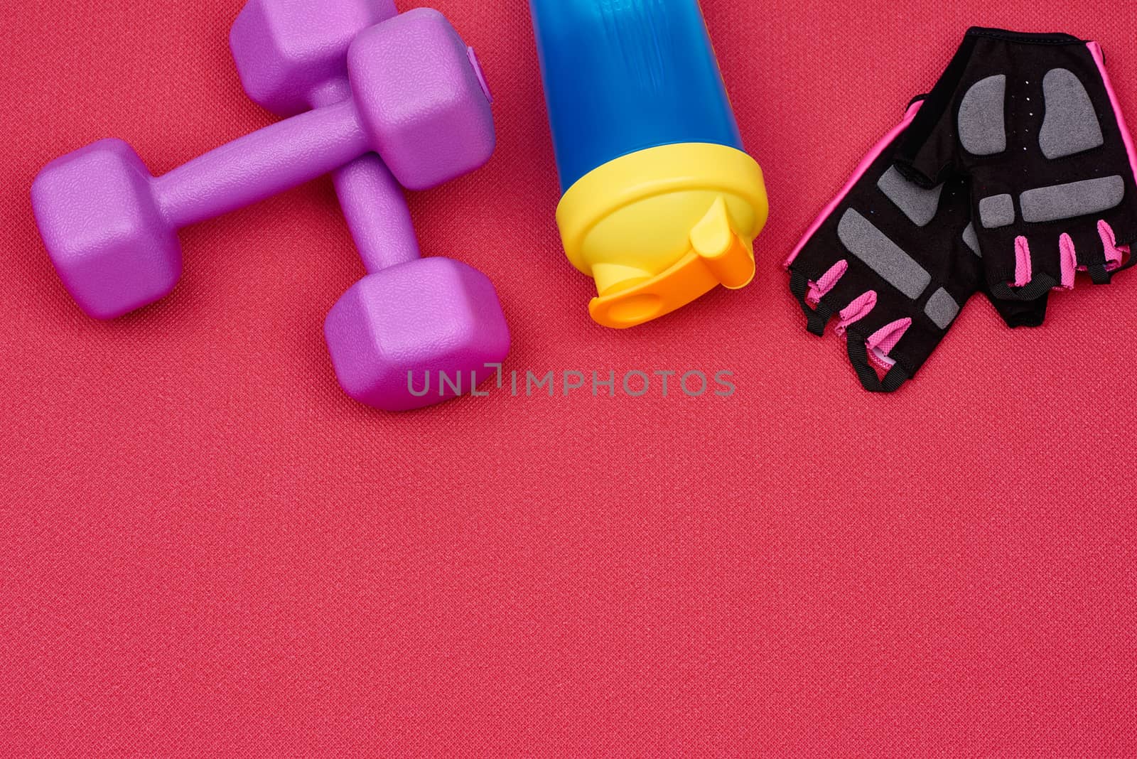 pair of purple plastic dumbbell, gloves and a blue bottle of water for sports on a red background, top view, place for an inscription