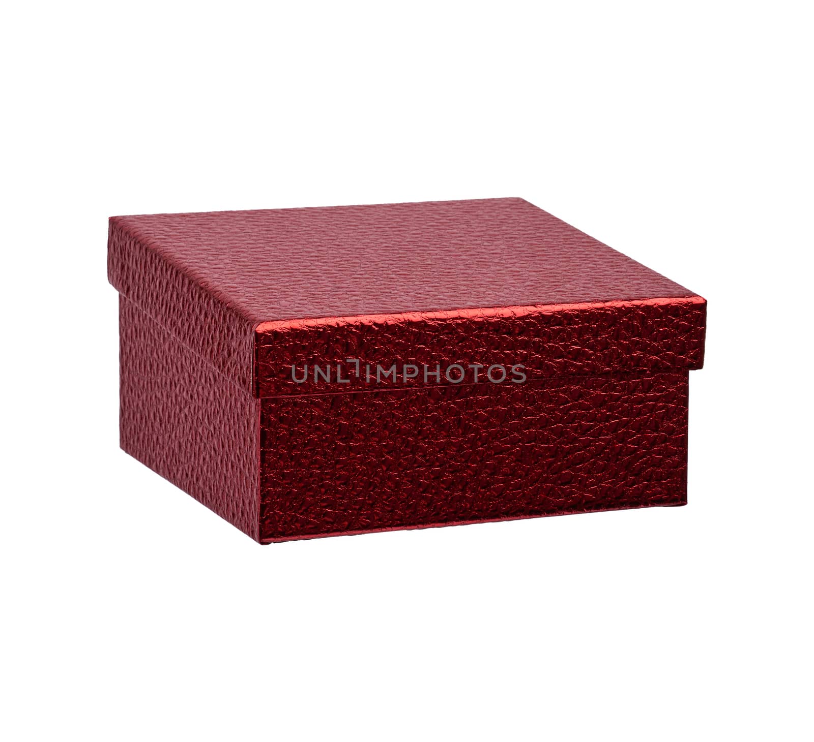 closed red cardboard square box, gift for the holiday is isolated on a white background