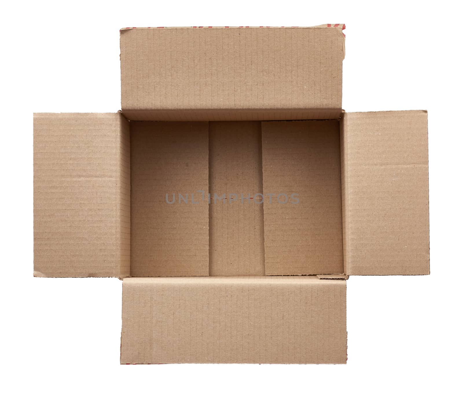 open empty brown square cardboard box for transporting goods isolated on white background, top view