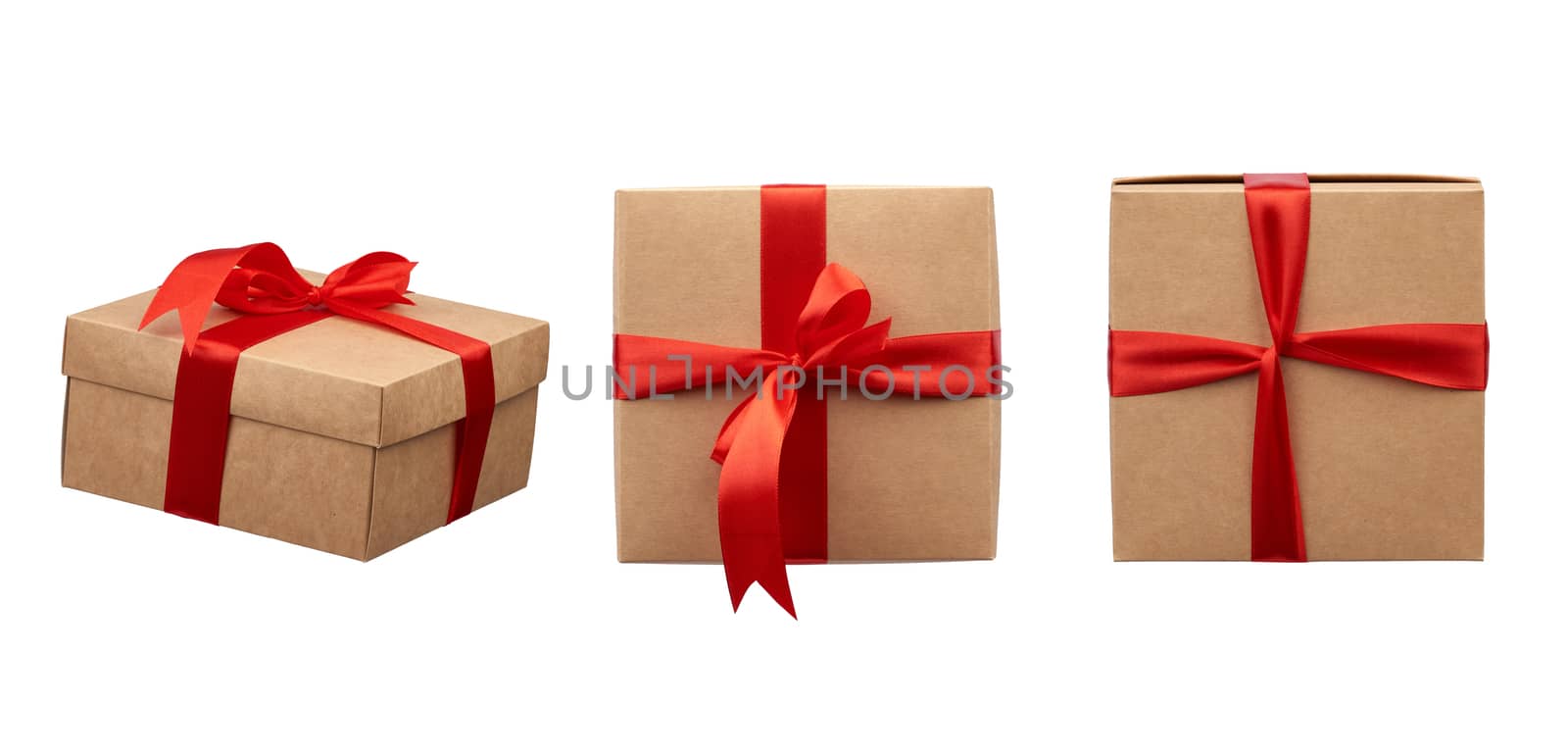square box wrapped in brown kraft paper and tied with a silk red ribbon, box bottom and top view