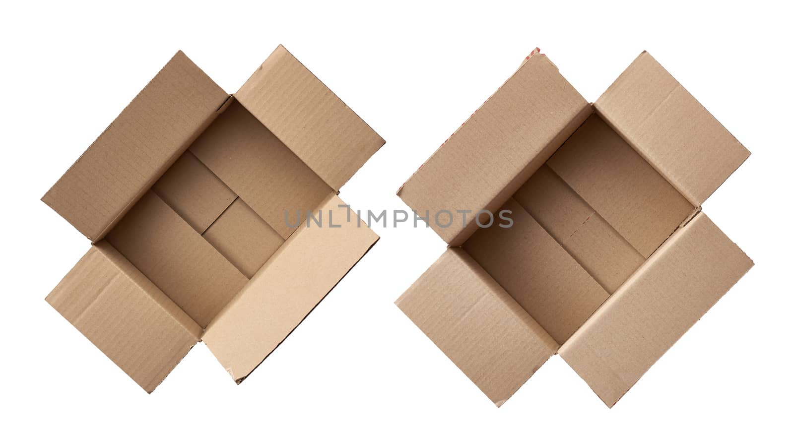 open empty brown square cardboard box for transporting goods isolated on white background