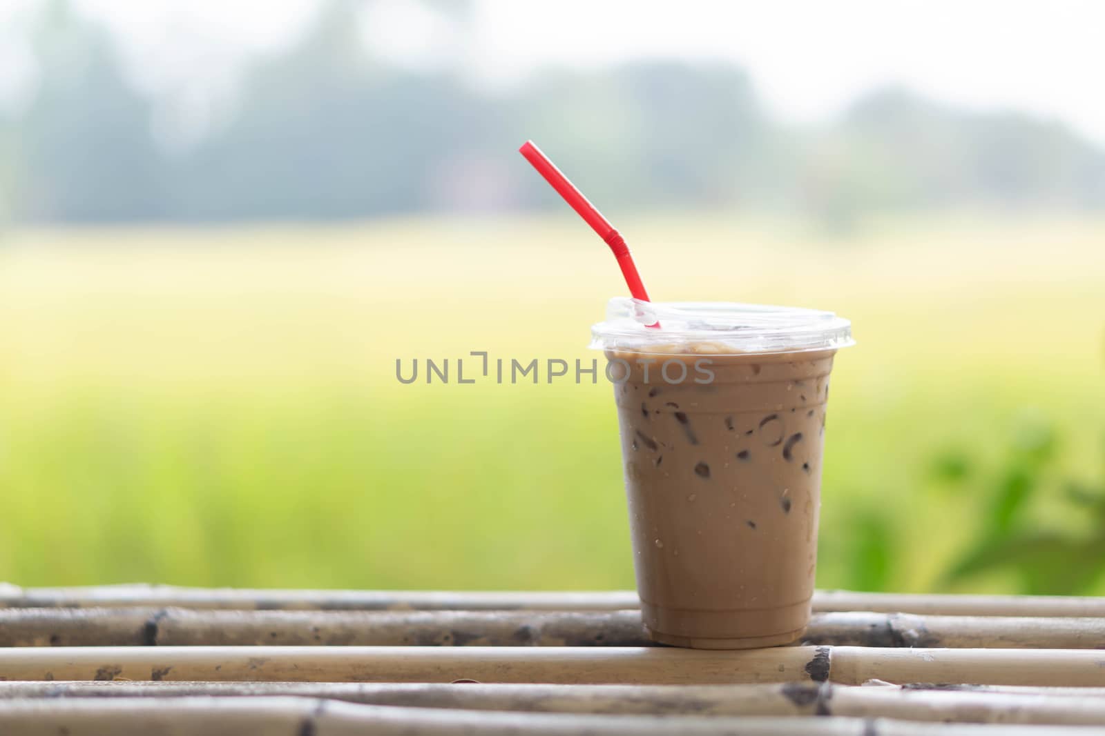 Close up glass of ice cappuccino coffee on wood table with green nature background, selective focus