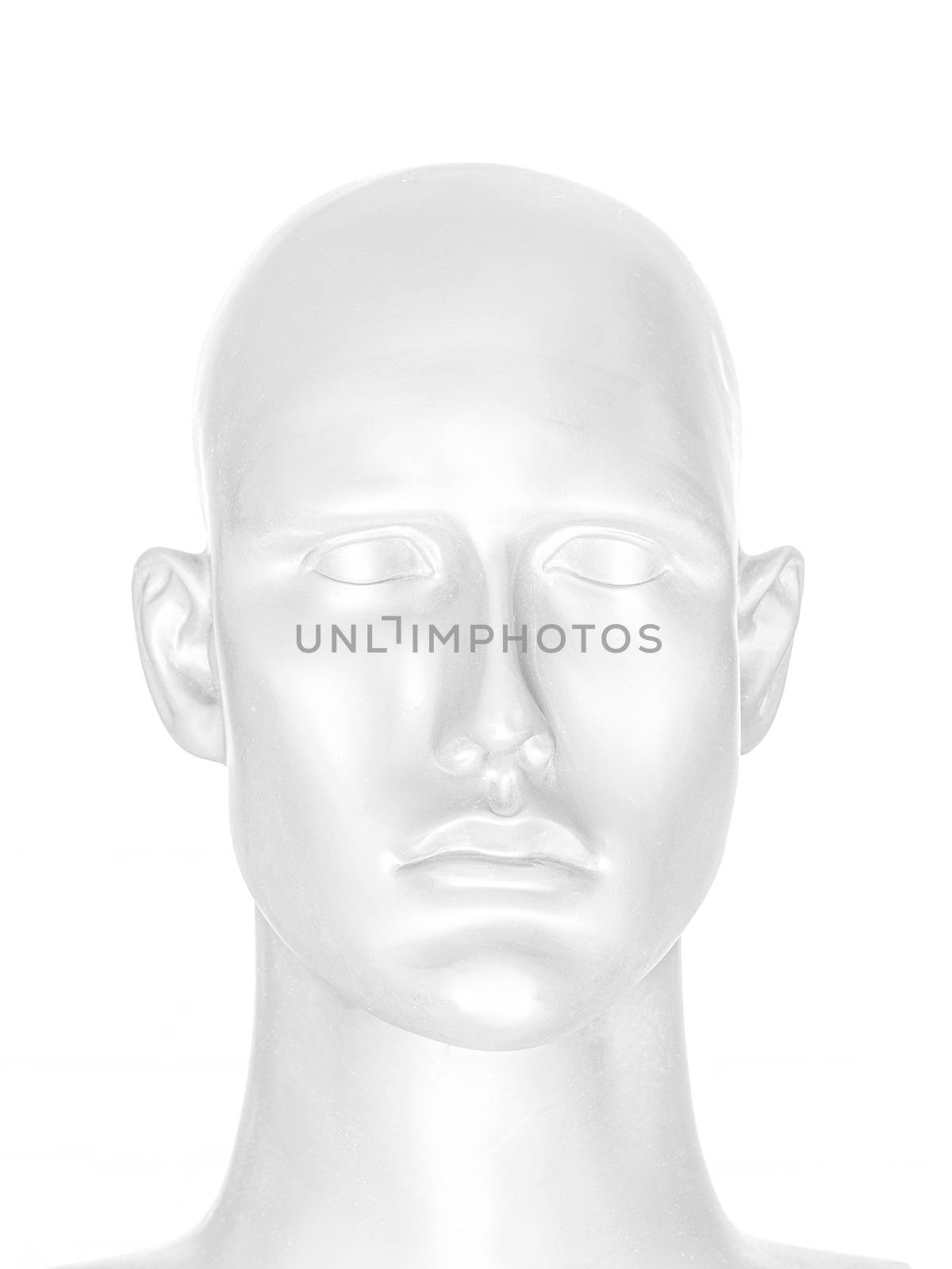 Abstract image of human face, portrait of mannequin head in high-key style
