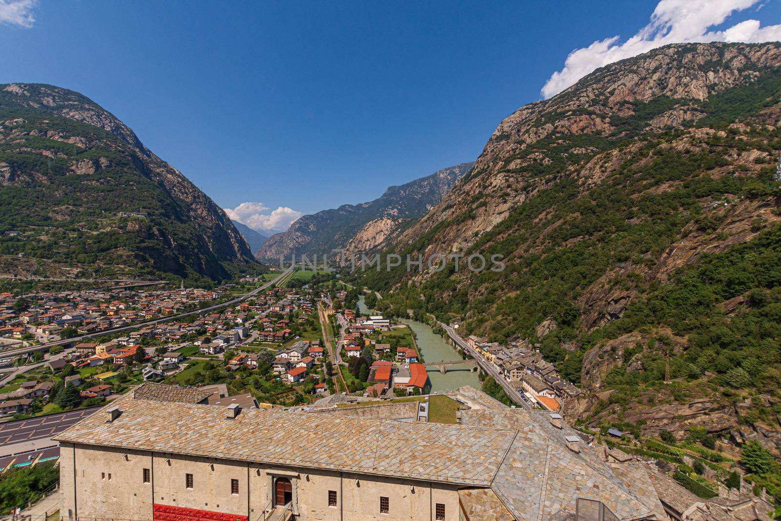 View from Forte Bard of the narrow gorge where the Dora Baltea f by brambillasimone