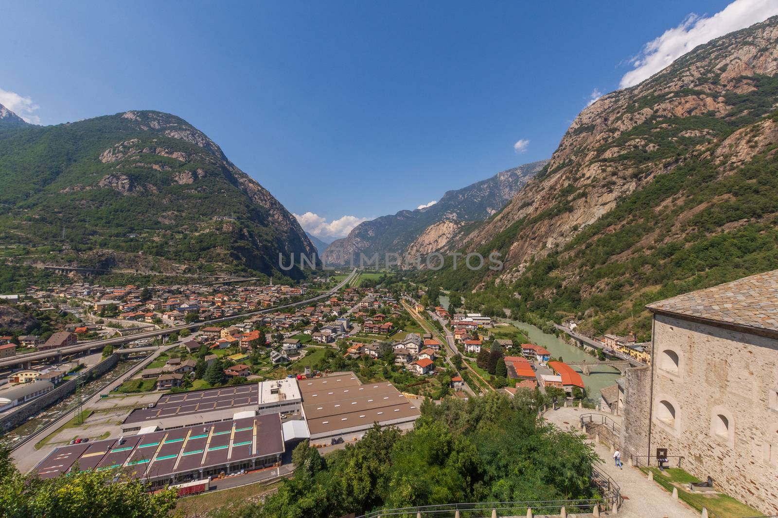 View from Forte Bard of the narrow gorge where the Dora Baltea flows, landscape of the Aosta Valley in Italy