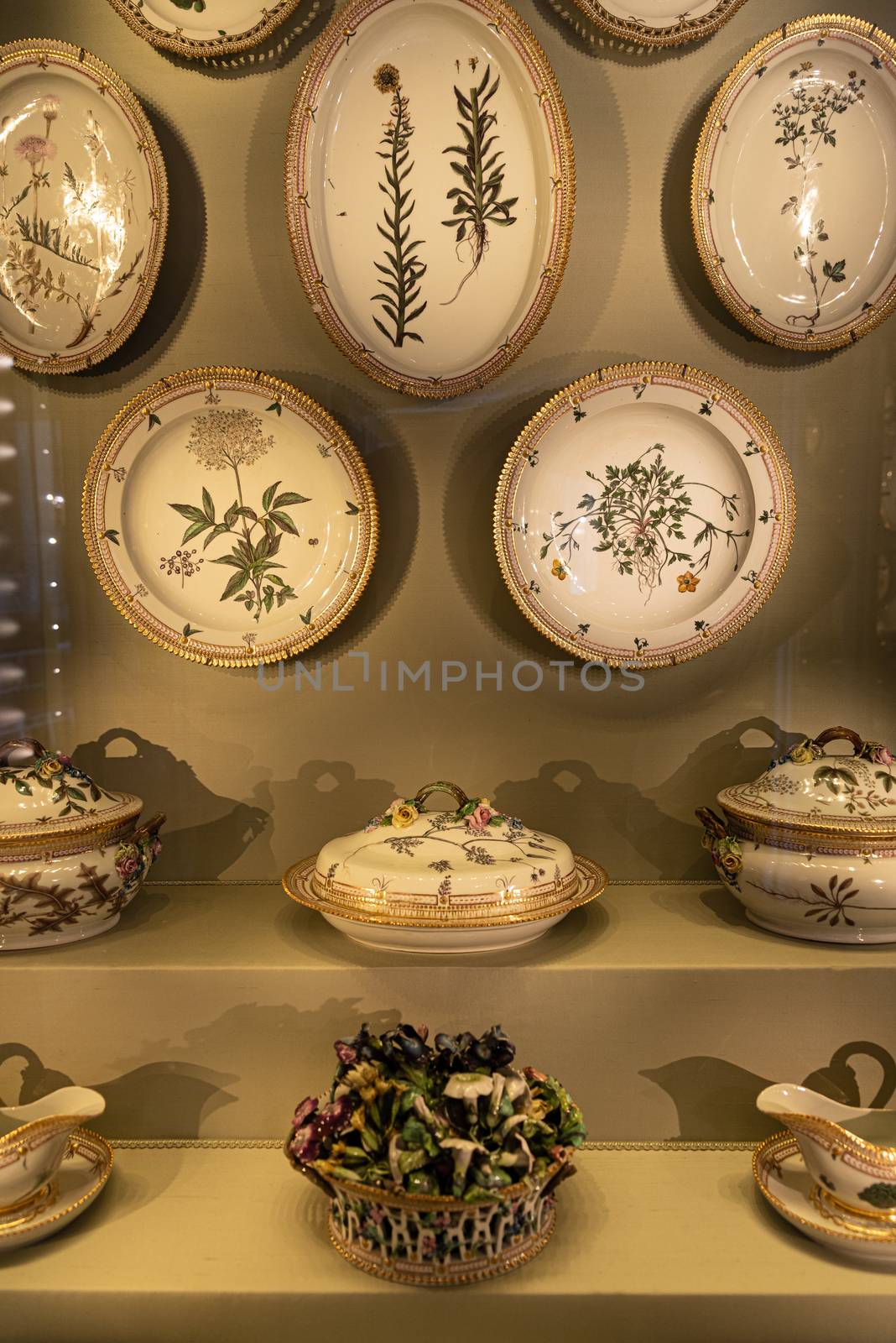 Interiors of royal halls in Christiansborg Palace in Copenhagen Denmark, detail of vintage royal tableware