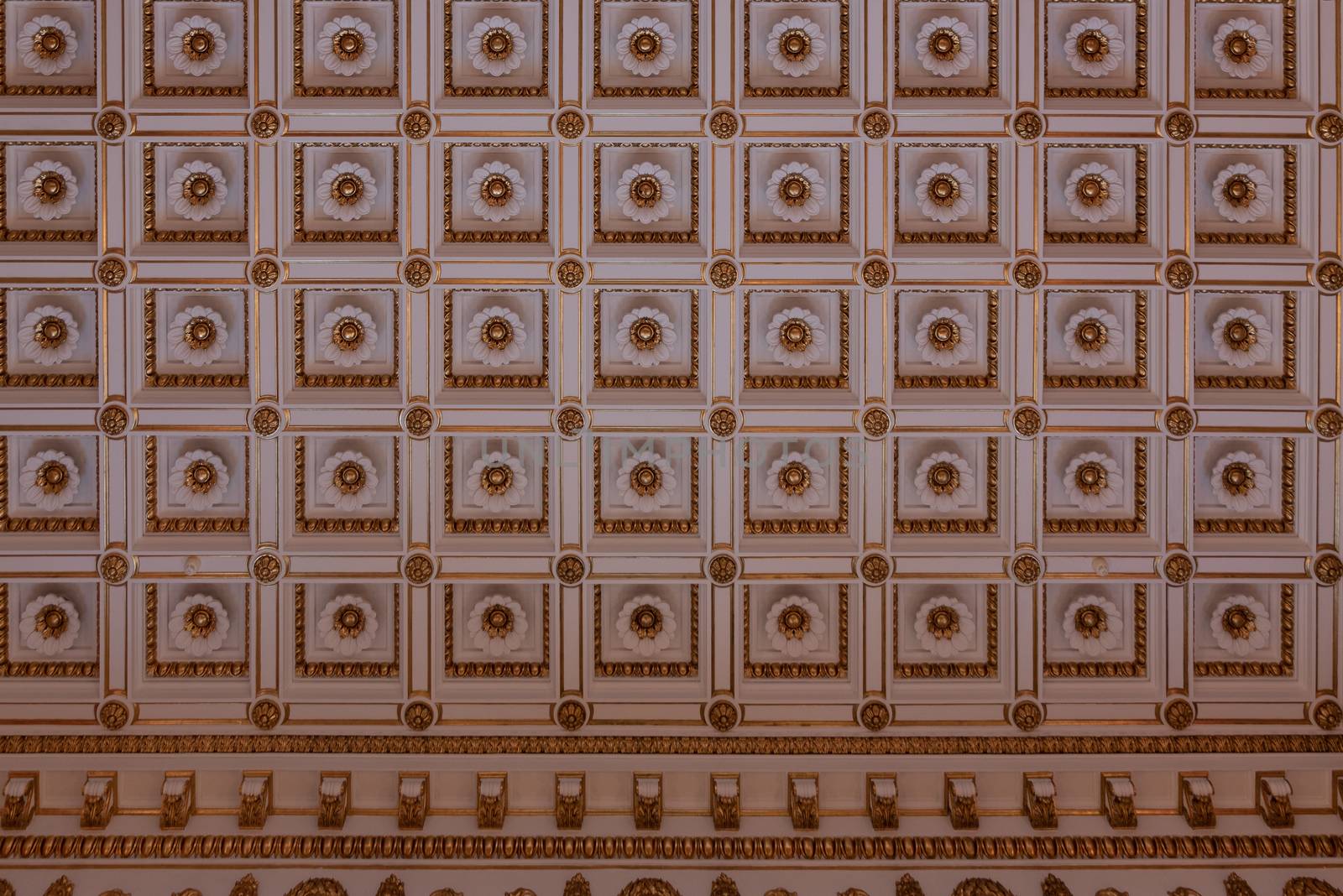 Interiors of royal halls in Christiansborg Palace in Copenhagen Denmark, detail of light coffered ceiling