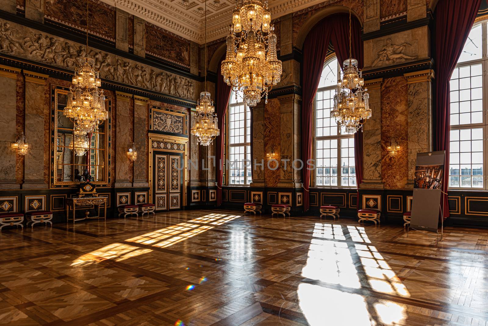 Interiors of royal halls in Christiansborg Palace in Copenhagen, Denmark, imperial room with antique furnishings