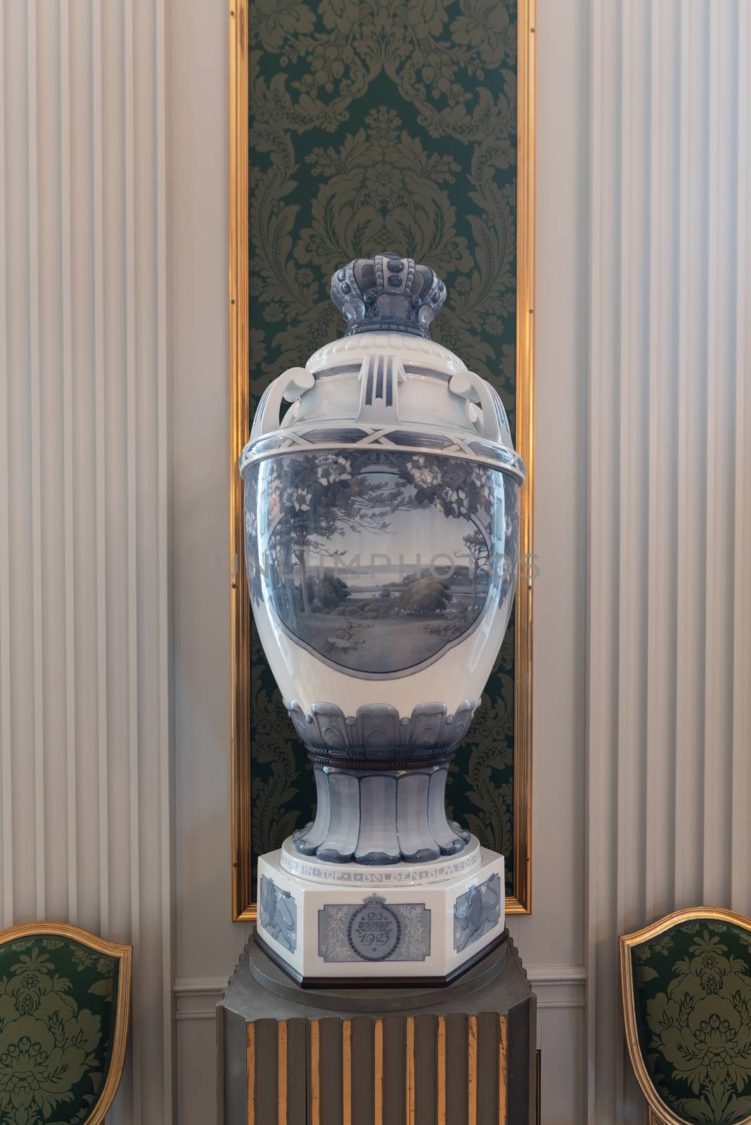 Interiors of royal halls in Christiansborg Palace in Copenhagen Denmark, detail of ancient vase