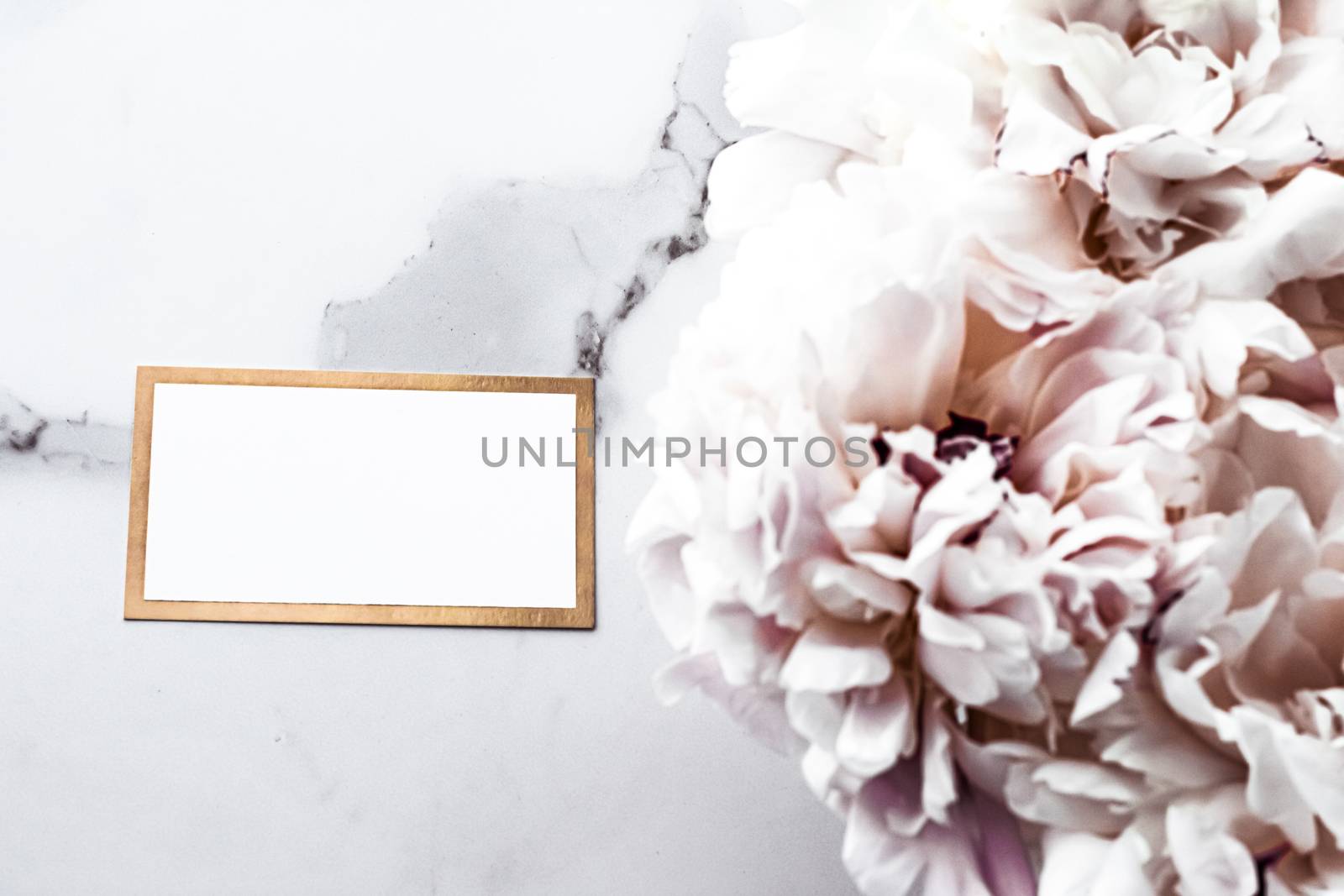 Glamorous business card or invitation mockup and bouquet of peony flowers, wedding and event branding by Anneleven