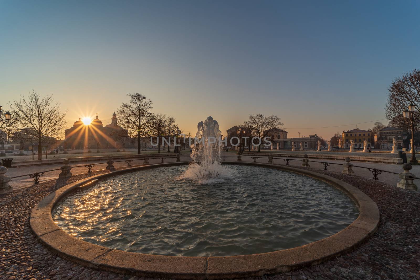 Prato della Valle, square in the city of Padua with the Memmia island surrounded by a canal surrounded by 87 statues, Italian cityscape