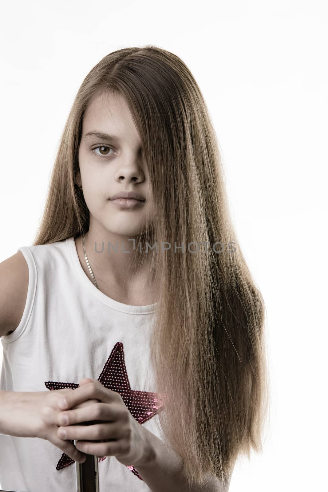 Partially bleached rub of a pretty girl with long hair