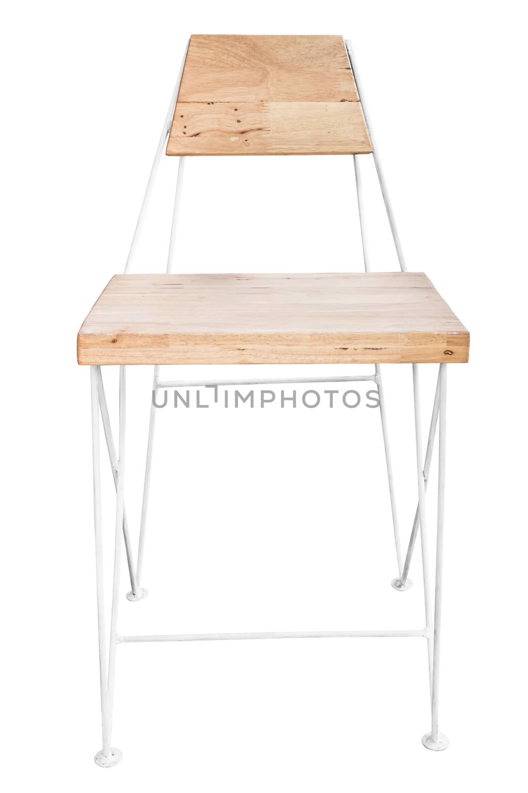 Wooden chair with steel legs simplistic on white background, work with path.