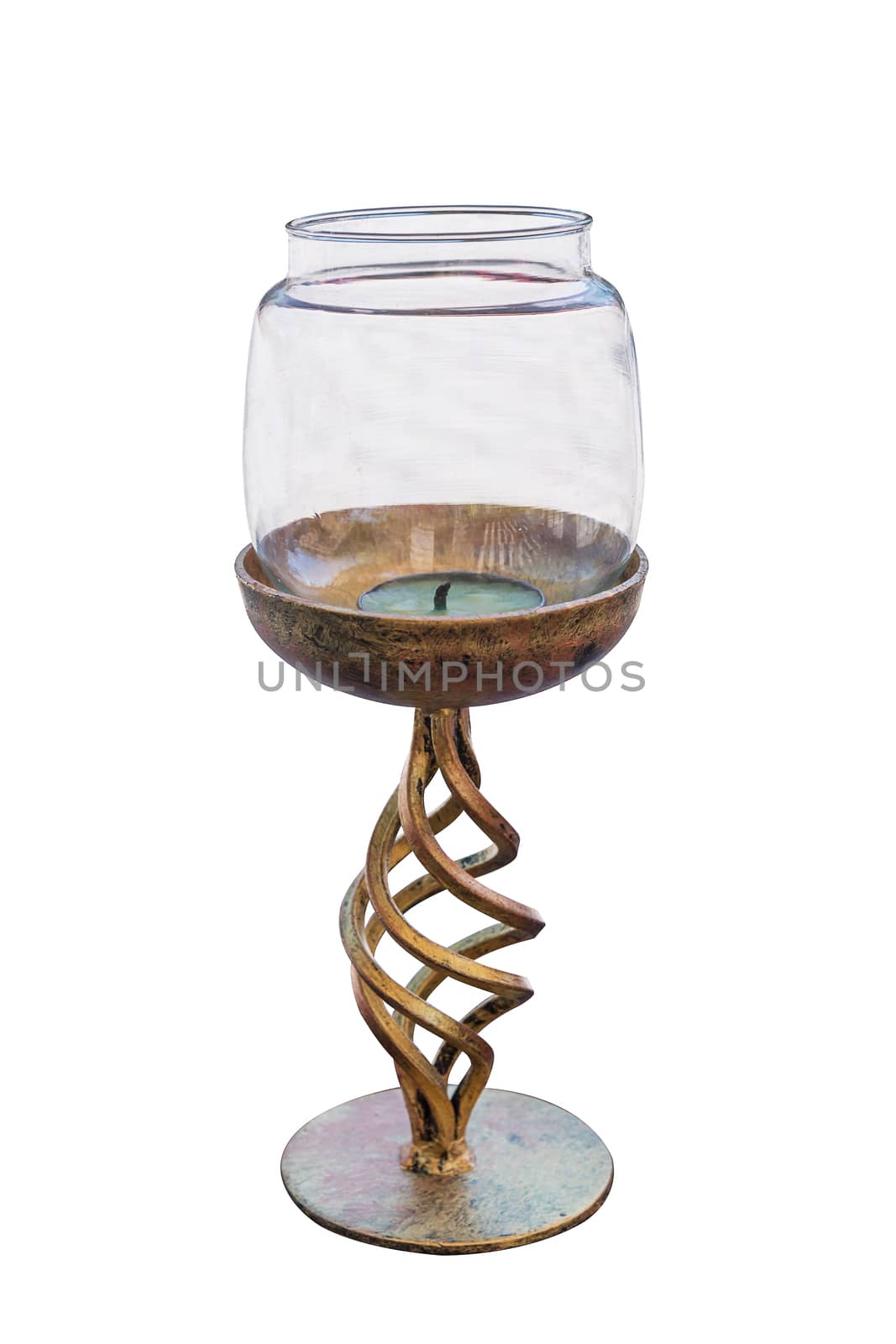 Old metal brass candlestick with glass cover isolated on white background work with clipping path.