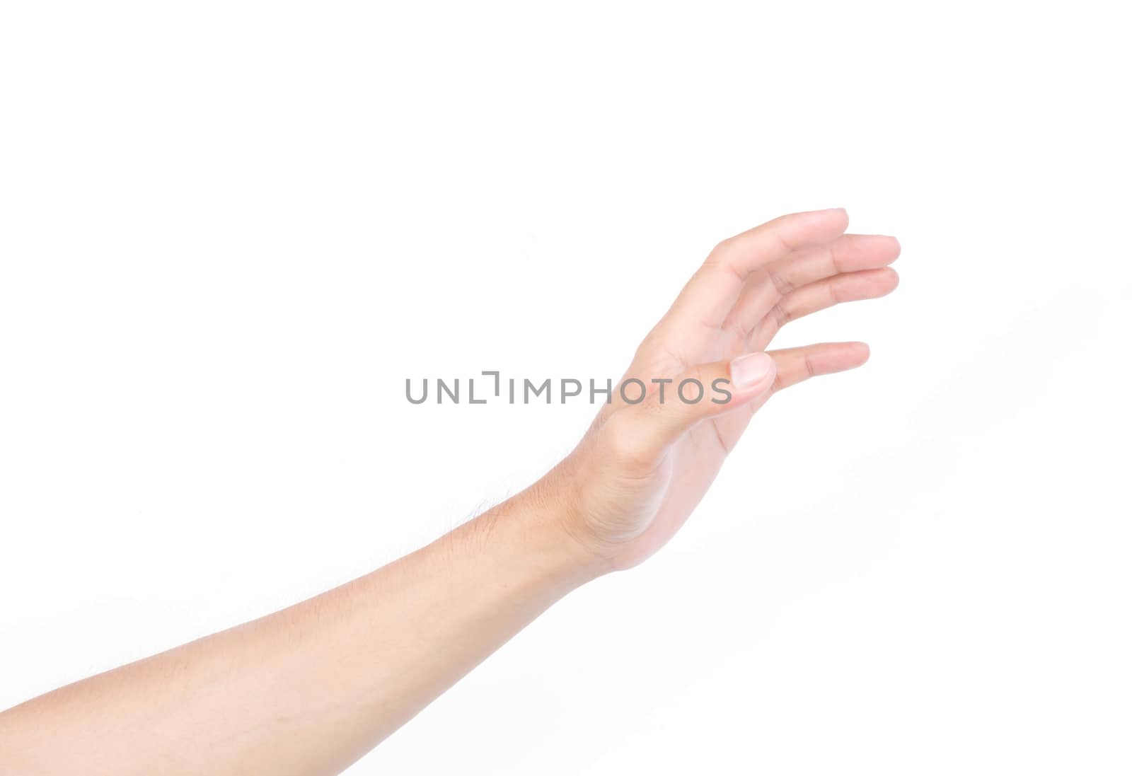 Man hands holding something on white background for product advertising concept