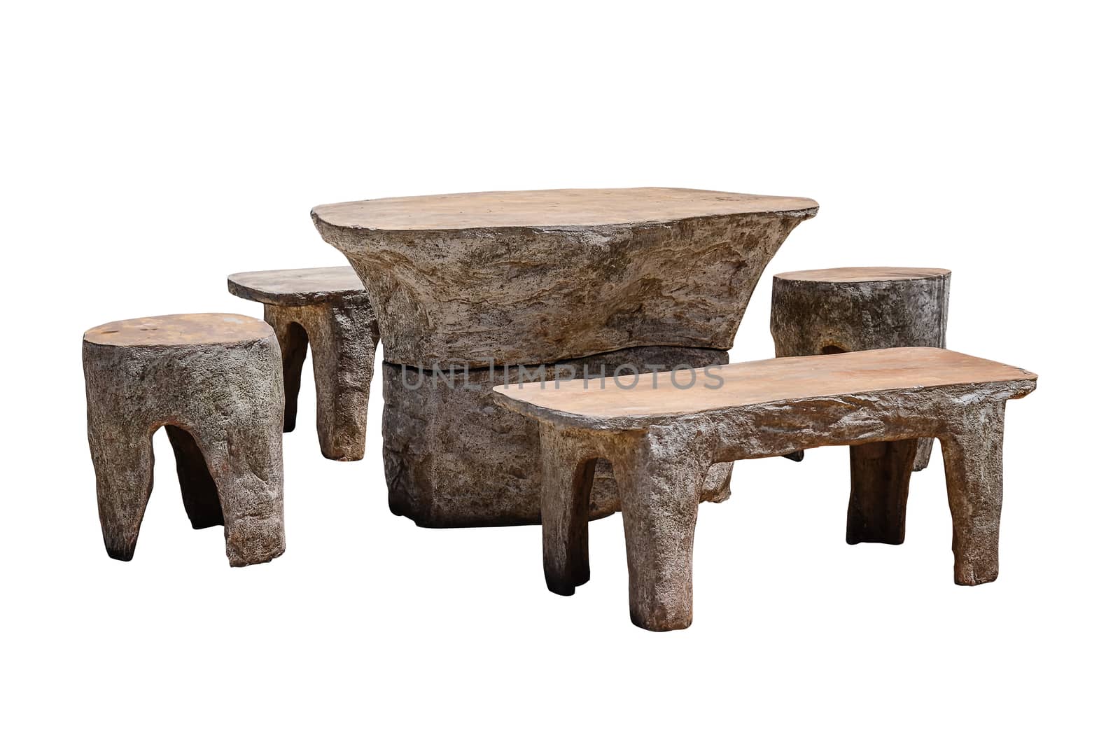 Set of stone table with bench isolated on white background, work with clipping path.