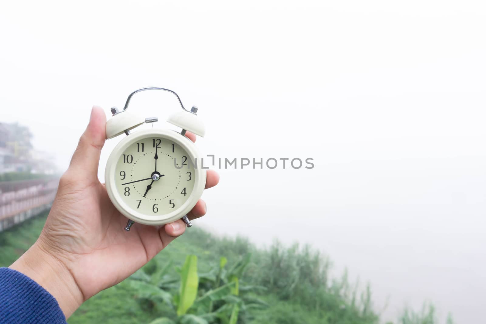 Alarm clock in hand with nature and fog background in the morning