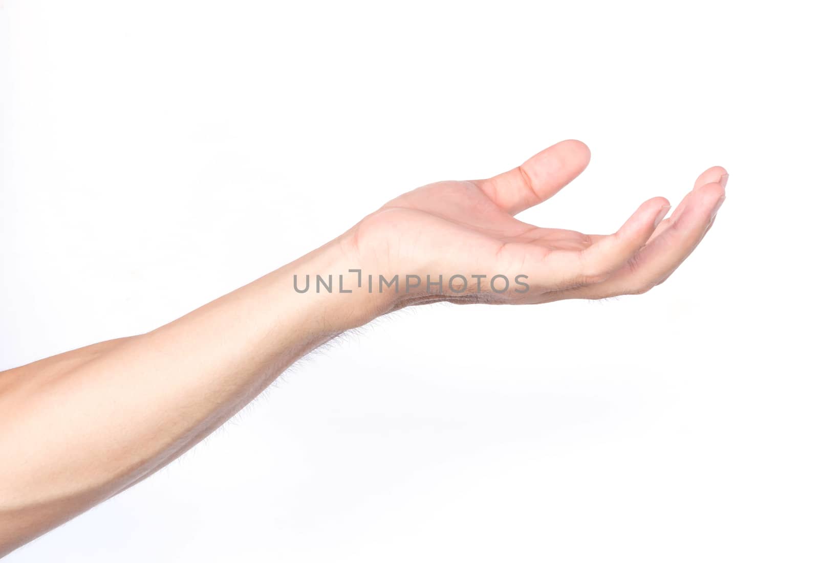 Man hands holding something on white background for product advertising concept
