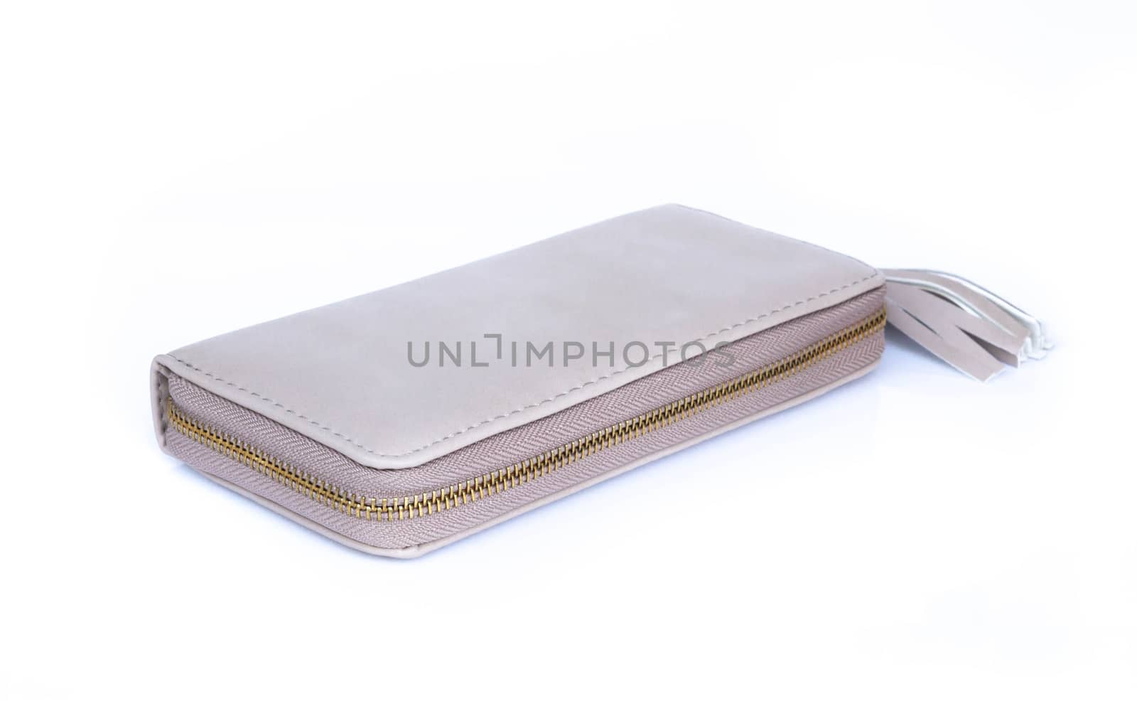 Closeup modern grey woman wallet fashion on white background