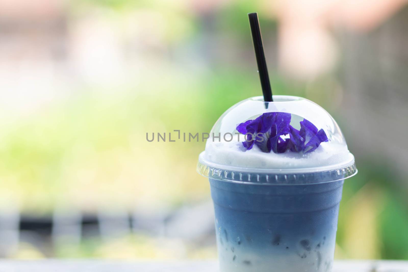 Closeup glass of ice butterfly pea latte on wood table with nature background