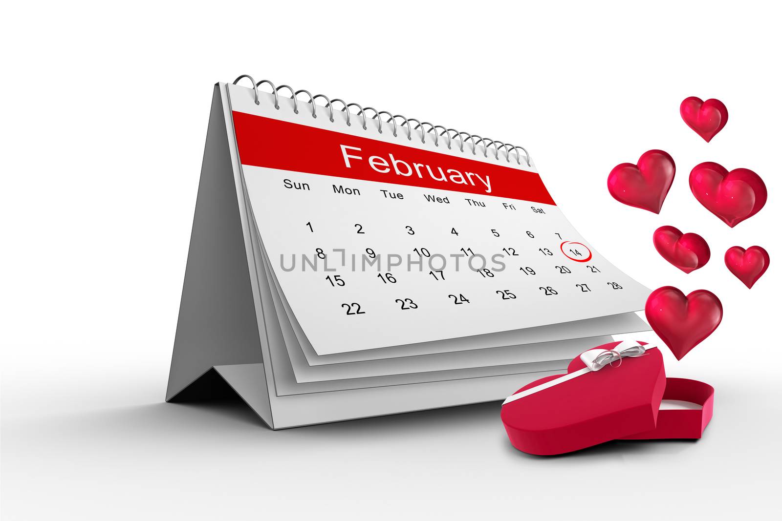 Hearts flying from box against february calendar