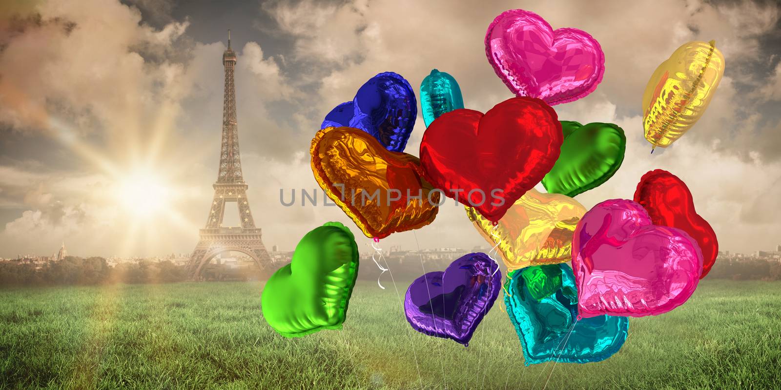 Heart balloons against paris under cloudy sky