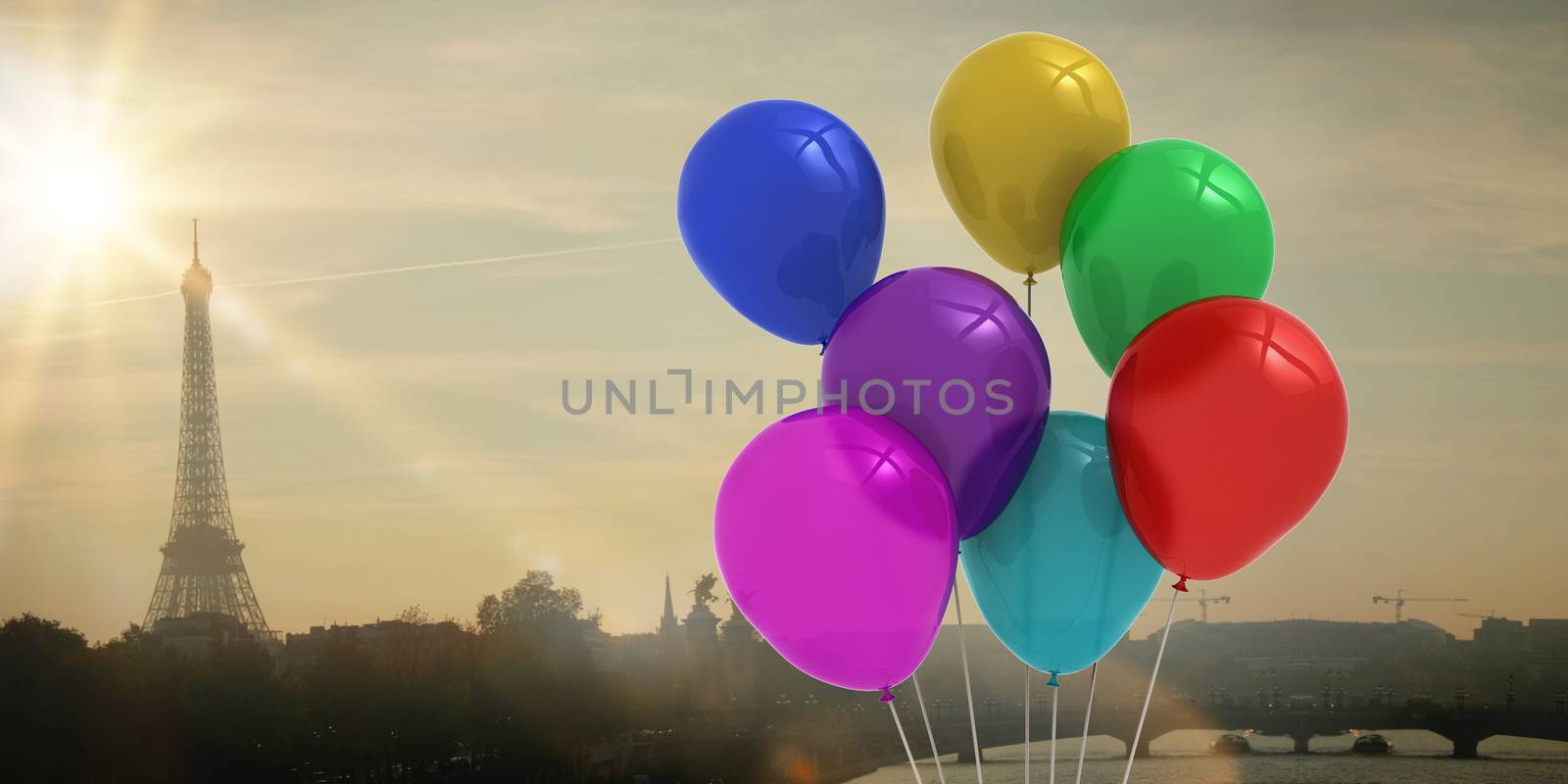 Colourful balloons against eiffel tower