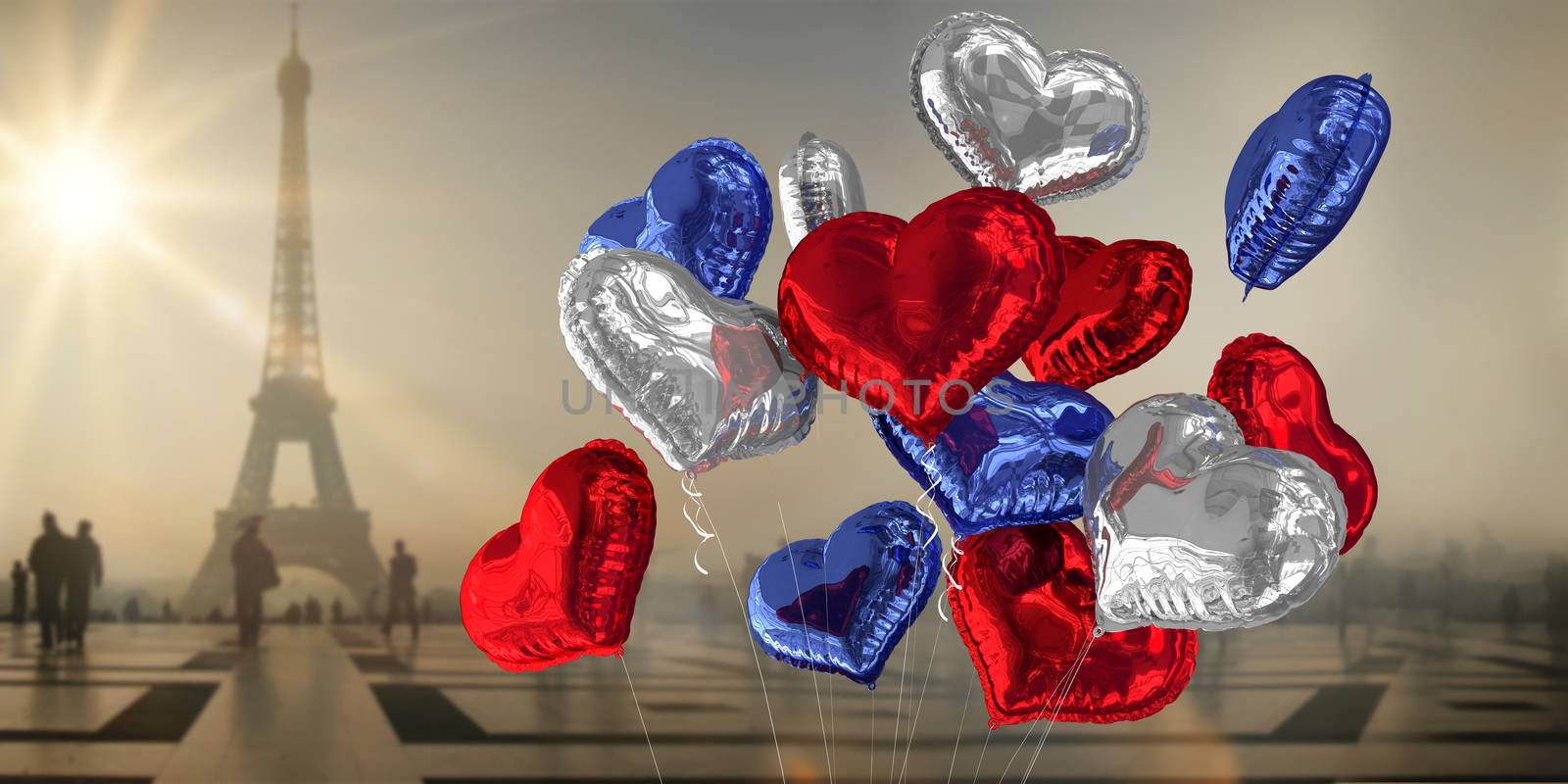Heart balloons against eiffel tower