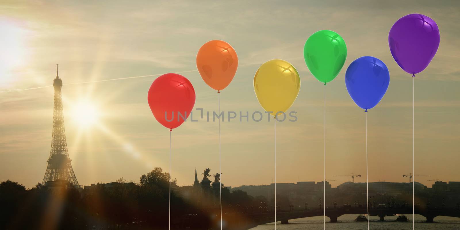 Colourful balloons against eiffel tower