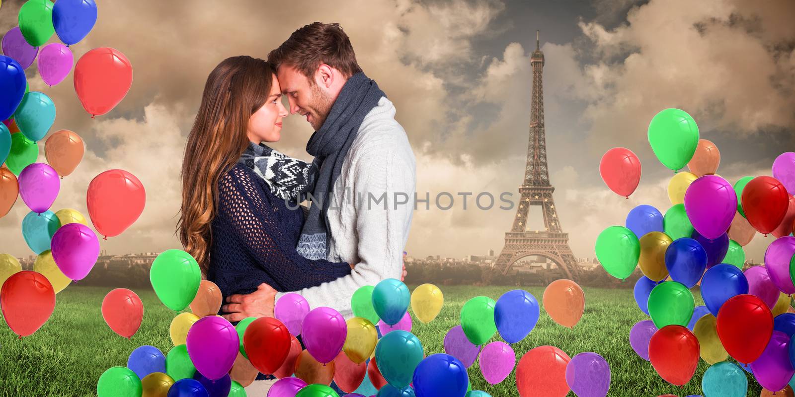 Side view of young couple embracing against paris under cloudy sky