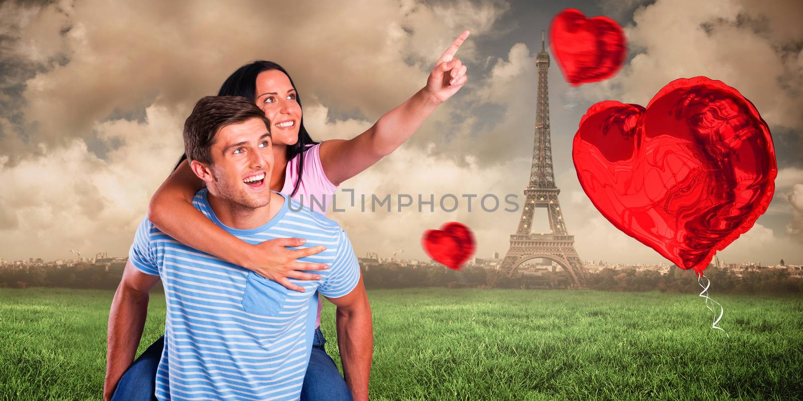 Composite image of young man giving girlfriend a piggyback ride by Wavebreakmedia