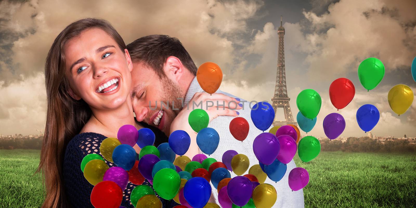 Close up of happy young couple against paris under cloudy sky