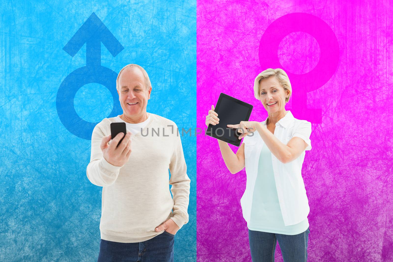 Happy mature woman pointing to tablet pc against female gender symbol