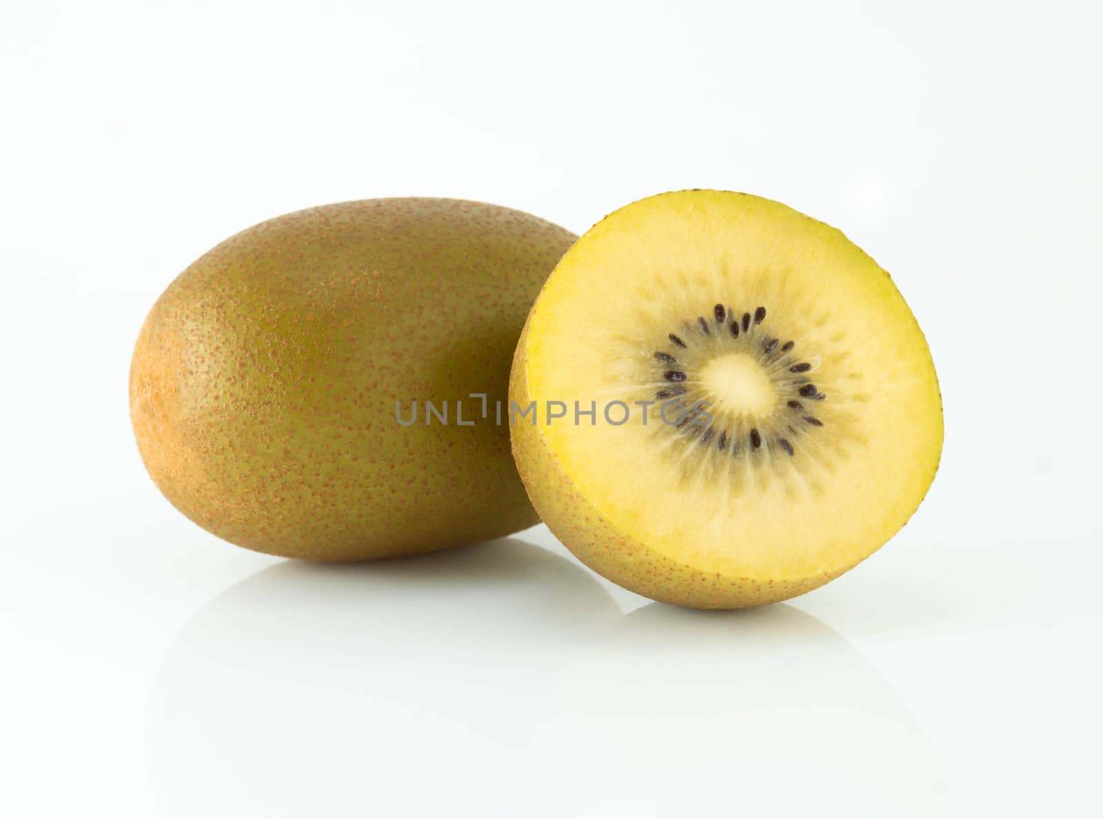 Fresh gold kiwi fruit isolated on white background, health care concept