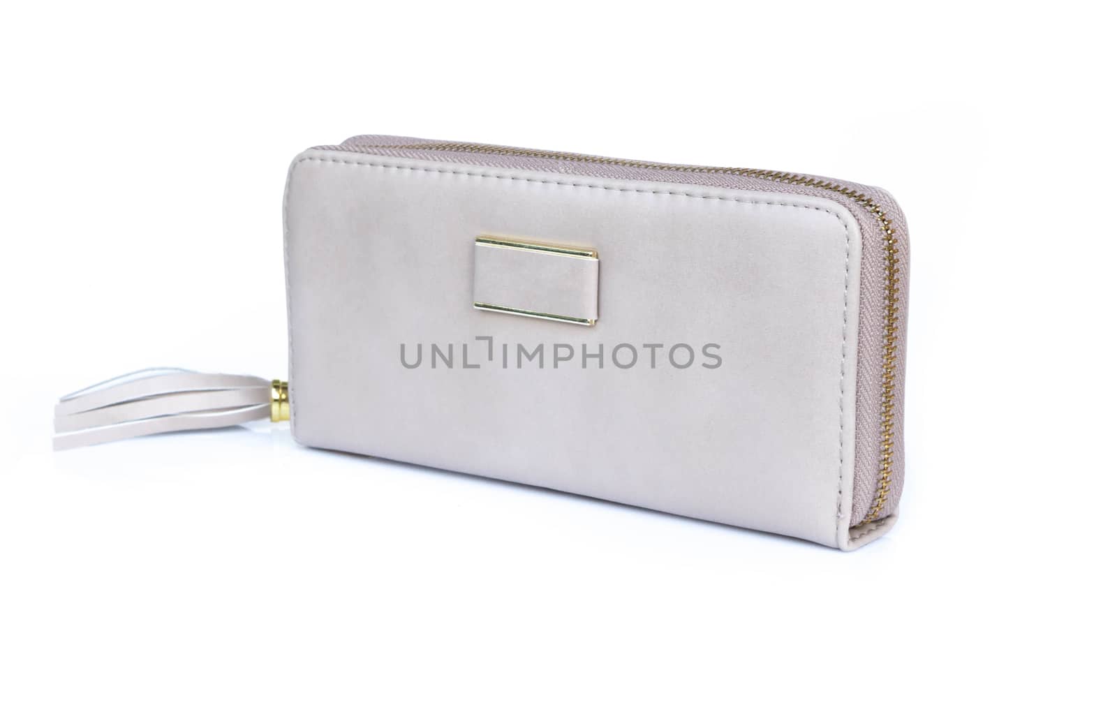 Closeup modern grey woman wallet fashion on white background