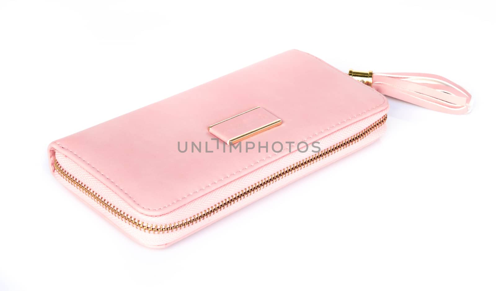 Closeup modern pink color woman wallet on white background