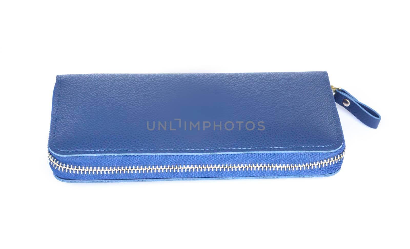 Closeup modern blue woman wallet fashion on white background