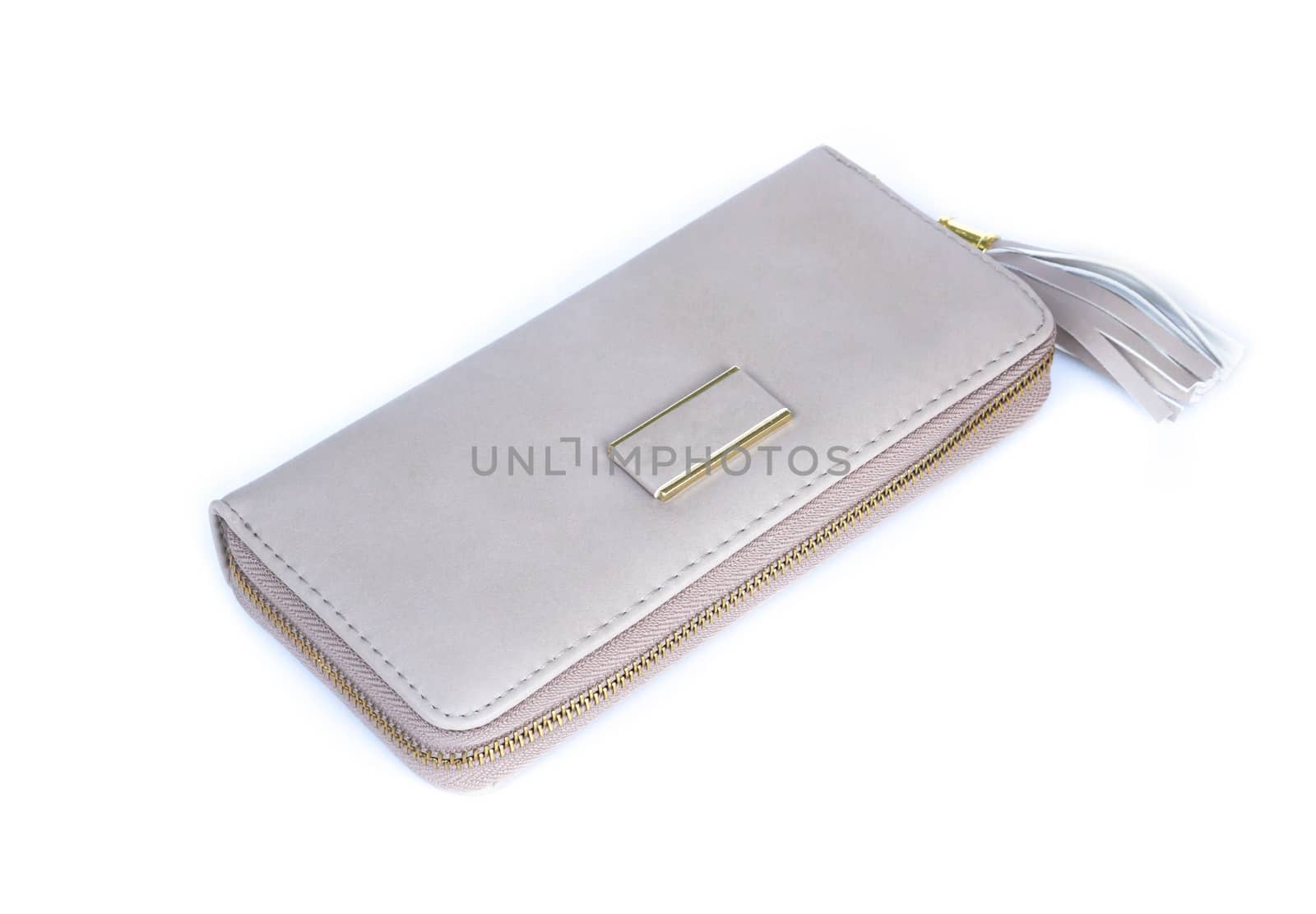 Closeup modern grey woman wallet fashion on white background