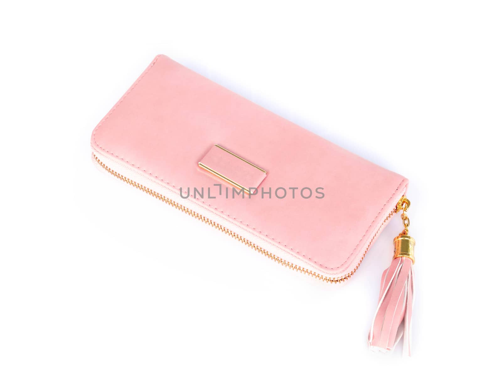 Closeup modern pink color woman wallet on white background