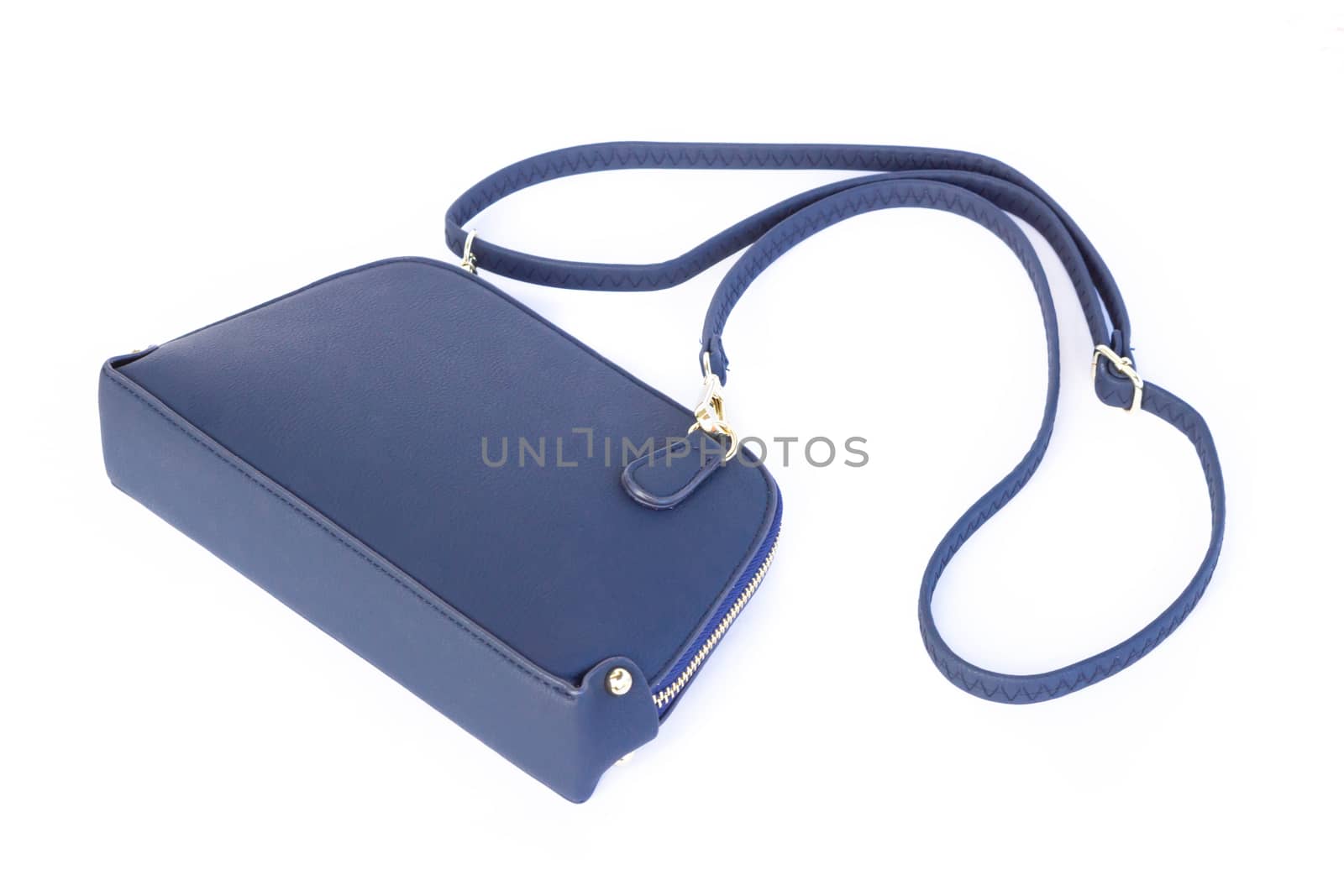 Closeup modern blue bag fashion on white background