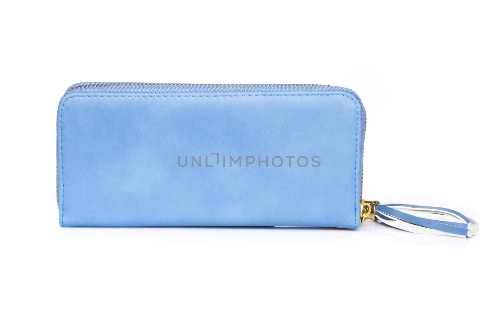 Closeup modern blue woman wallet fashion on white background